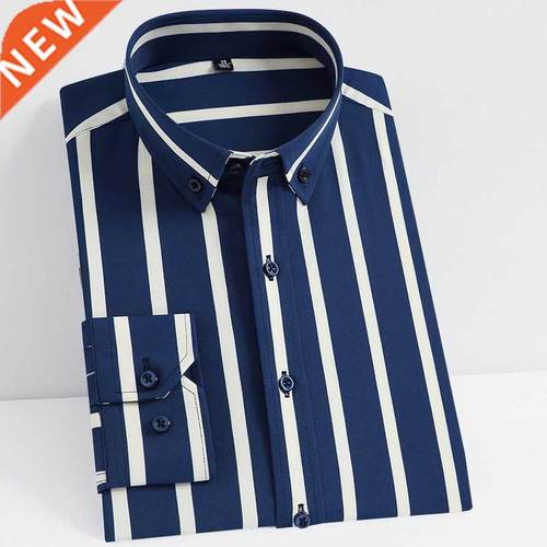 Men's Non-iron Sretch Long Sleeve Striped Dress Shirts Smart