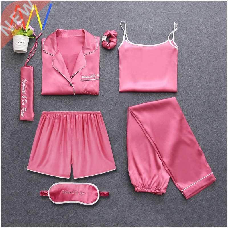 7 Pieces Sleepwear Pyjamas Women Pajamas Sets Silk Lingerie