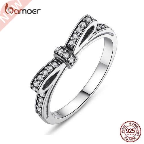 Bamoer 925 Sterling Silver Sparkling Bow Knot Rings Micro Pa
