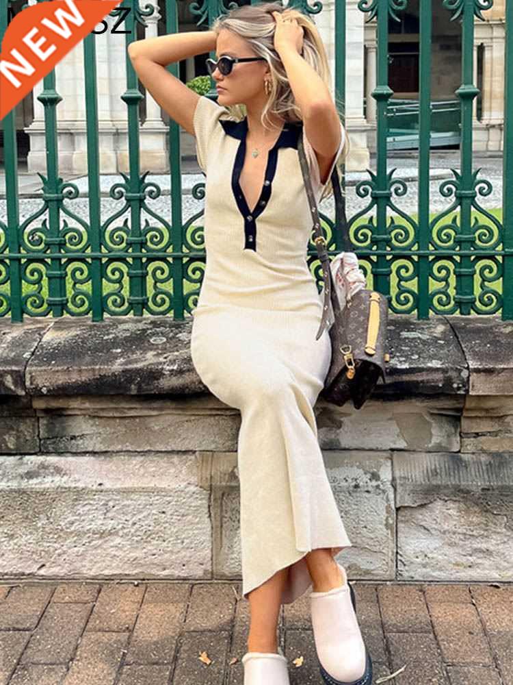 Contrast Polo Shirt Dress For Women Short Sve Rib Knitted