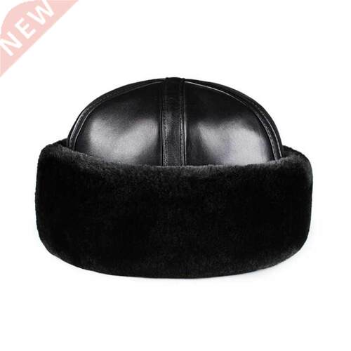 Thick Warm Winter Hat Men Women Black Faux Fur Real Leather