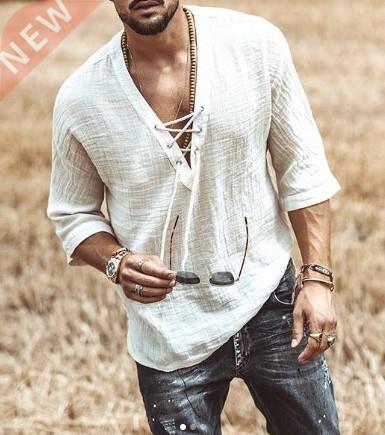 Men's Fashion Hippie Linen Shirt Casual Middle Sleeve V Neck