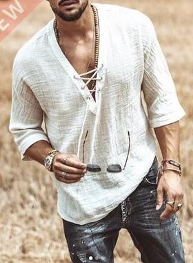Men's Fashion Hippie Linen Shirt Casual Middle Sleeve V Neck
