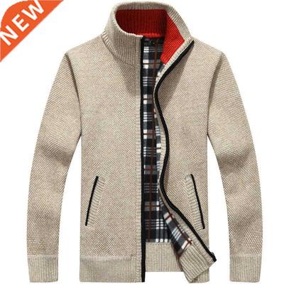 Winter Thick Men's Knitted Sweater Coat Off White Long Sleev