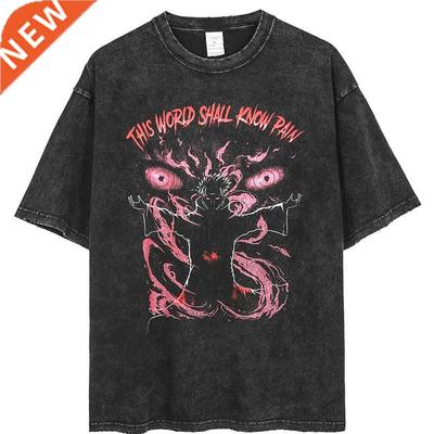 Anime Pain Printed T Shirt Men Retro Washed 100% Cotton Tops
