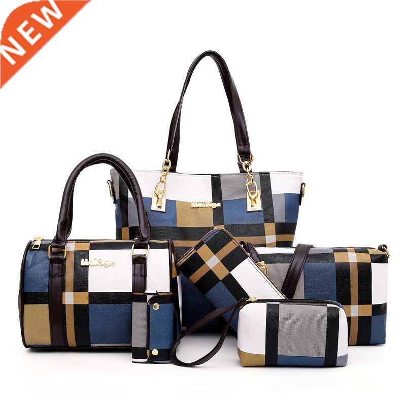 6PCS Women's Bag Set Fashion PU Leather Ladies Handbag Grid