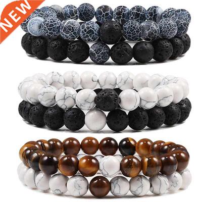 Set Bracelet Couples Distance Black White Natural Lava Stone