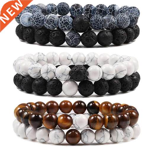 Set Bracelet Couples Distance Black White Natural Lava Stone