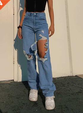 Women's Jeans High Waist Loose Ripped Wide Leg宽松显瘦长裤女