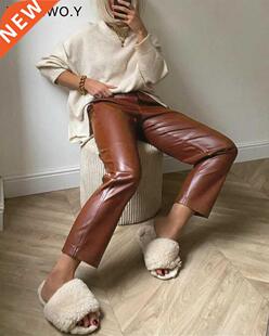 WOTWOY Drawstring Flocking Spliced Loose Leather Pants Women