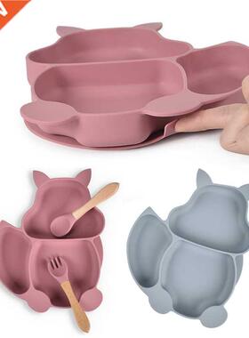 Baby Silicone Cartoons Plate Set Self-Feeding Antislip Sauce