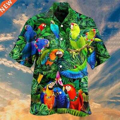 Animal Parrot Print Patchwork Fashion Hawaiian Men Shirt Coo