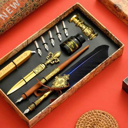 Vintage Quill Feather Dip Pen Fountain Writing Ink 5 Nibs S