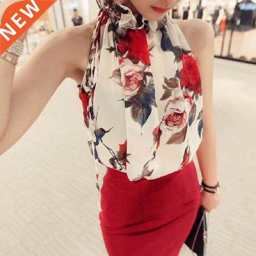 Floral Chiffon Summer Women's Tunic Blouse Sleeveless Ruffle