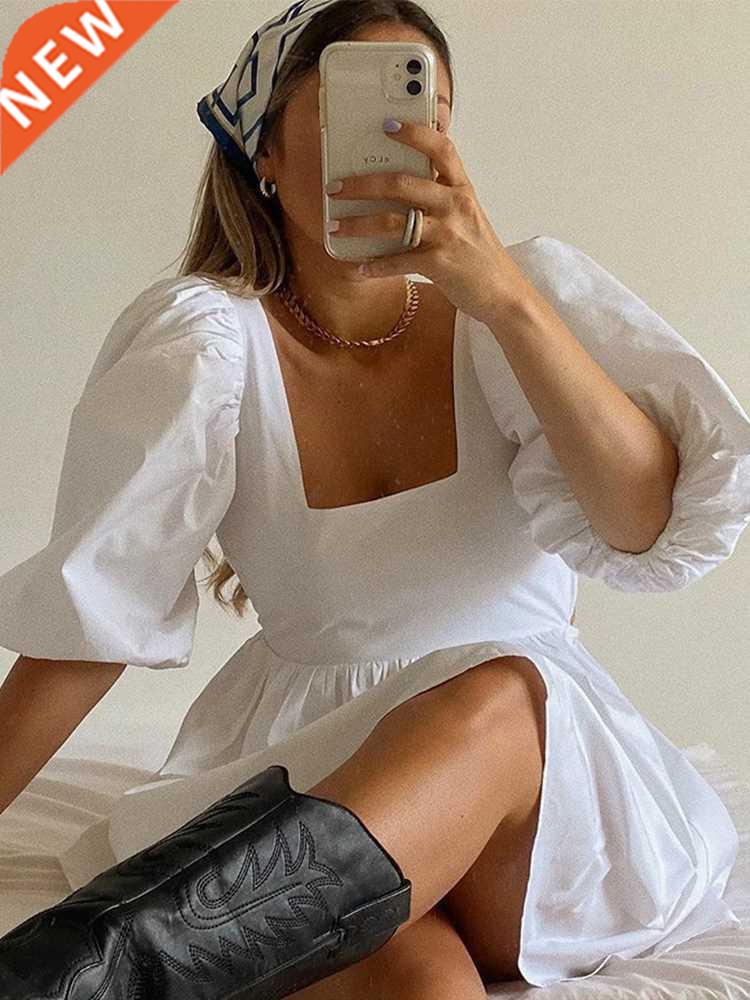 NEDEINS Women Summer Dress Summer Fashion White Elegant Puff图片