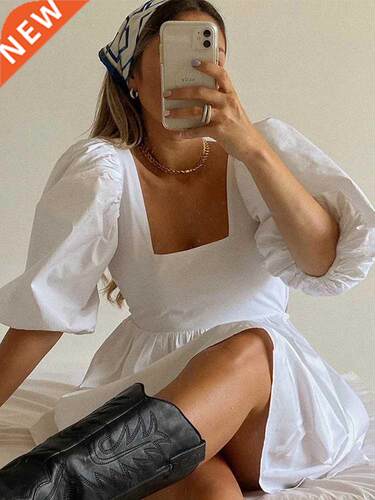 NEDEINS Women Summer Dress Summer Fashion White Elegant Puff