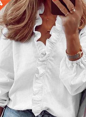 Elegant White Ruffle Blouse Shirts Women Autumn Spring Long