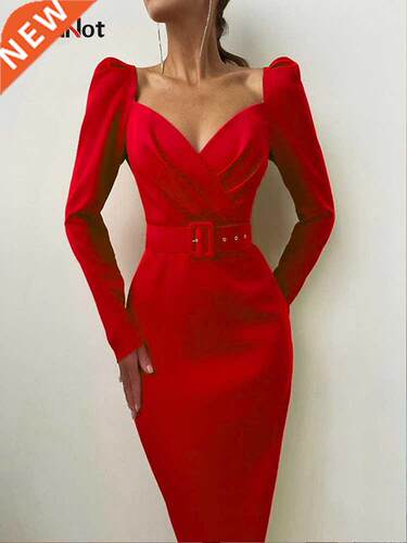 InstaHot Elegant Party Women Dress Slim V Neck Long Sleeve M