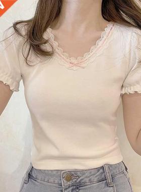 White T-Shirt for Sweet Girl Rion Lace Trim V-Neck owknot