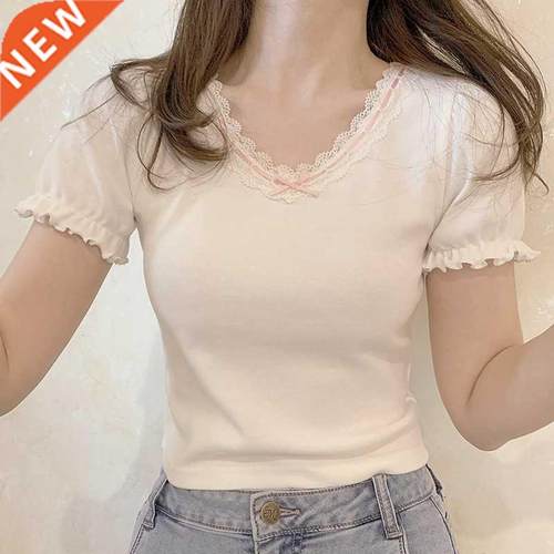 White T-Shirt for Sweet Girl Rion Lace Trim V-Neck owknot