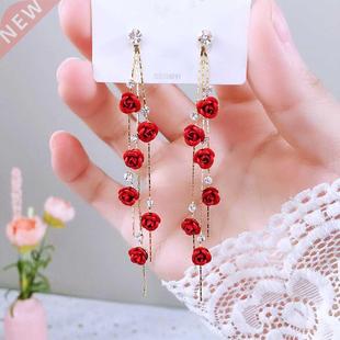 Fashion Rose Petal Drop Earrings for Women Red White Long Ta