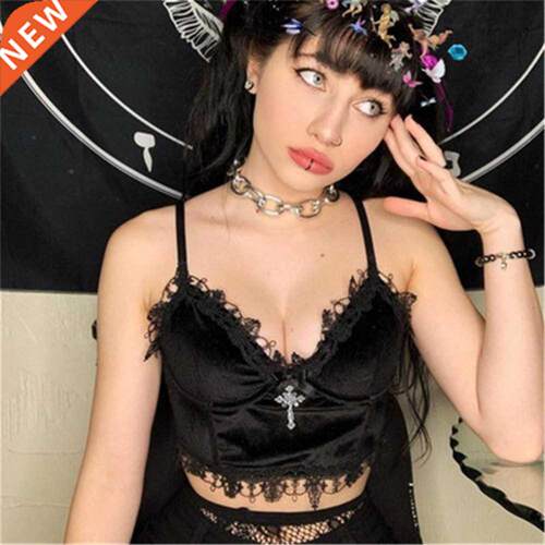 Velvet Y2K Mall Goth Crop Tops Black Lace Trim Emo Alternat