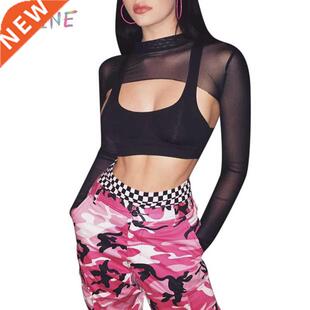 Mesh Long Sleeve Women Transparent T-shirt Short Crop Top