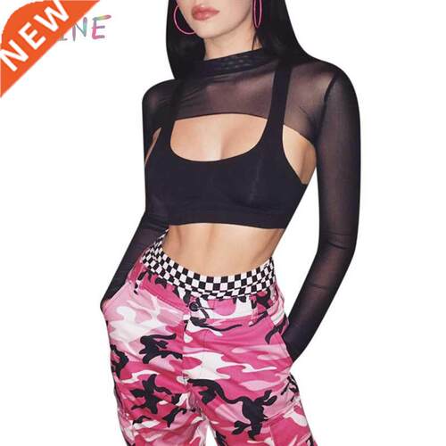 Mesh Long Sleeve Women Transparent T-shirt Short Crop Top