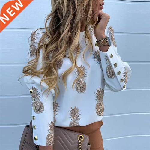 Pineapple Print Shirt Women Loose Slim Casual OL Blouse Ladi