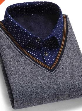 Men's Sweater Fake Two-piece Grid Thicken Knitted Male Base