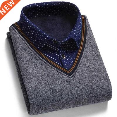 Men's Sweater Fake Two-piece Grid Thicken Knitted Male Base