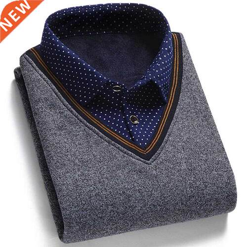 Men's Sweater Fake Two-piece Grid Thicken Knitted Male Base