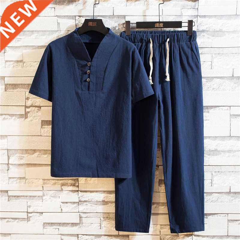 Summer Linen T-shirt men Suit summer linen T-shirt and pants