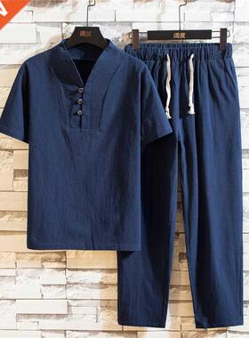 Summer Linen T-shirt men Suit summer linen T-shirt and pants