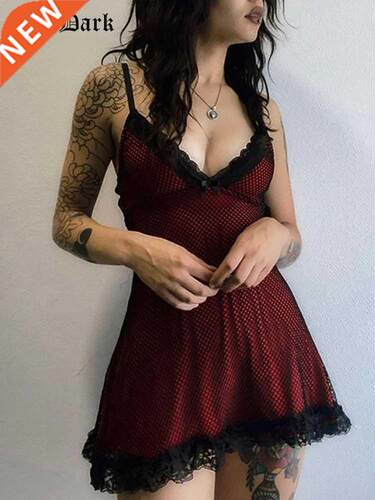 Goth Dark Lace Patchwork Mall Gothic Women Dresses Grunge Ae