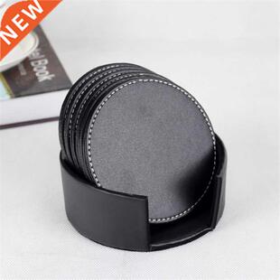 6pcs Set PU Leather Coaster Cup Mat Black Round Square Pad