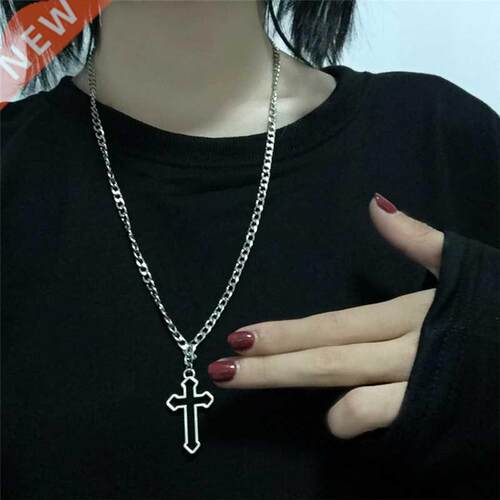 Vintage Gothic Hollow Cross Pendant Necklace Silver Color Co