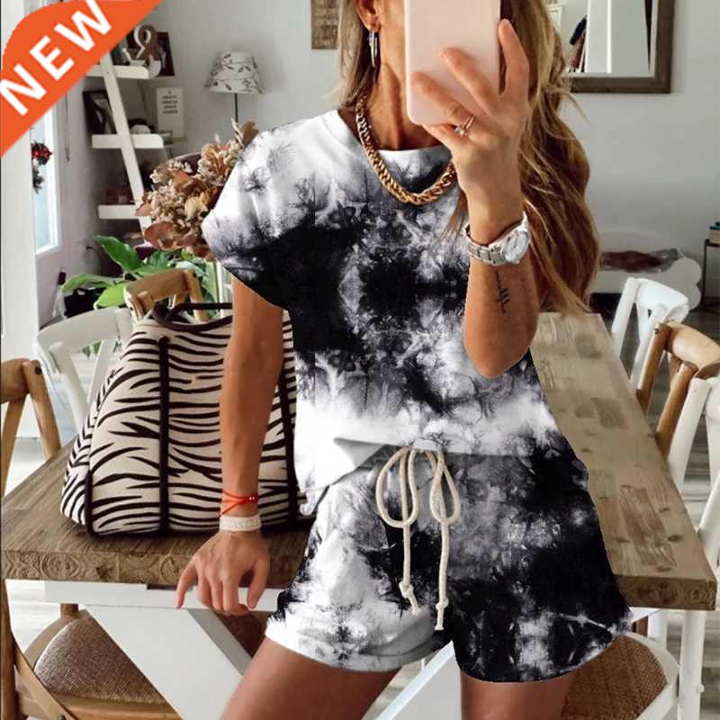 Women Casual T shirts Sets Summer Tie e Print Short Sleeve