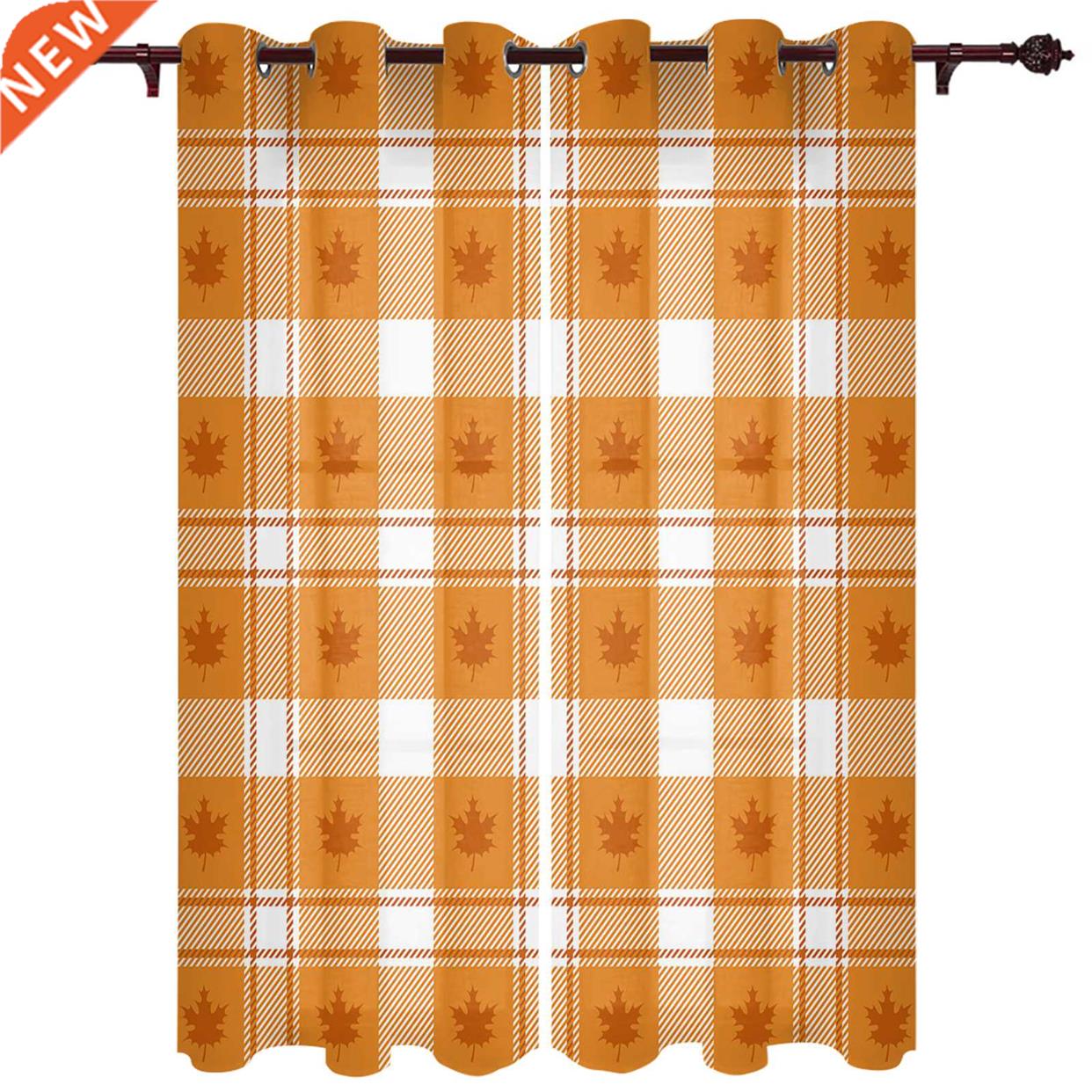 Autumn Maple Leaf Orange Lattice Window Curtains Kitchen