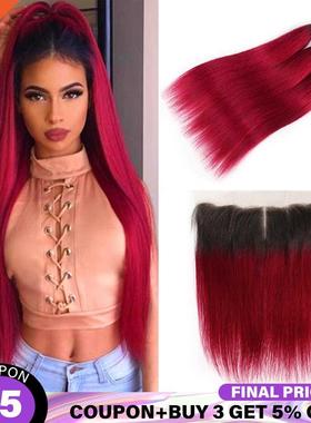 99J/Burgundy Brazilian Straight Human Hair Bundles With Fron