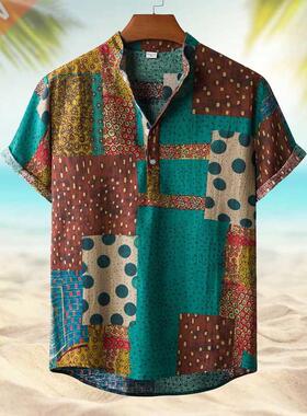 SHUJIN Men Linen Cotton Short Sleeve Shirt Summer Floral Loo