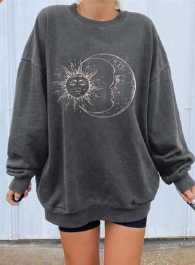 Sun Print Pullover Woman Hoodies Chic Korean Style Loose Ove