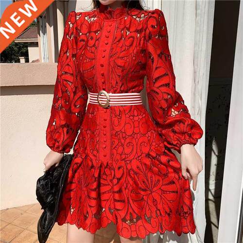 Vintage Hollow Out Lace Floral Embroidery Dress Spring Autum
