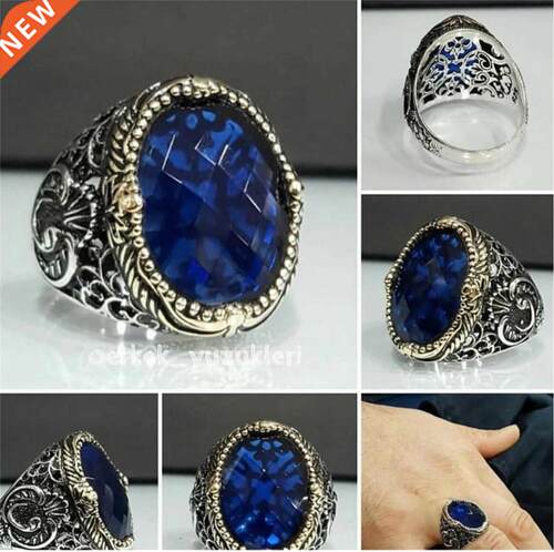 Sterling silver men's ring Turkish handmade jewelry blue sap