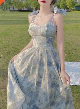 Elegant Long Flower Strap Dress Women Vintage Sweet Print Ko