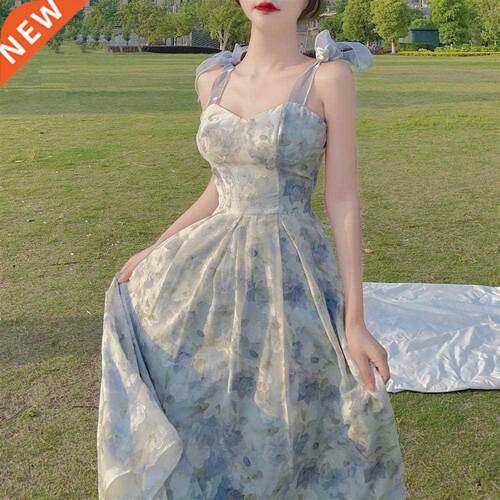 Elegant Long Flower Strap Dress Women Vintage Sweet Print Ko