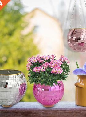Retro Dsco Ball Planter Basket Round Mrror Hangng Pot flo