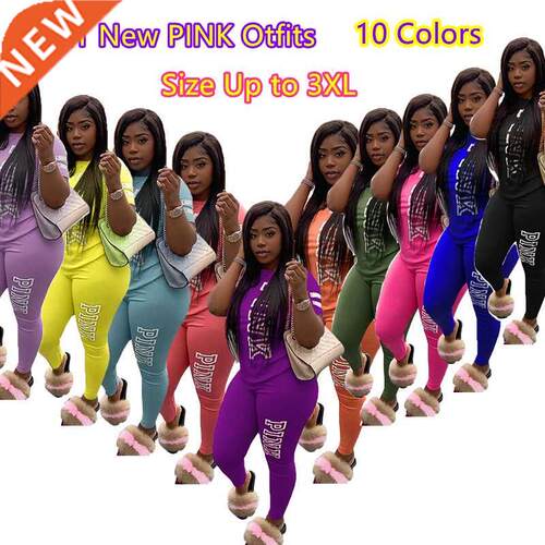 NEW PINK LETTER PRINT WOMEN TWO PIECE SET CASUAL SPORT TRAsu