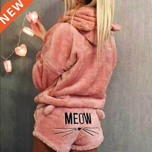 2022 New Winter Womens Flannel Pajamas Set Cute Bear Hooded