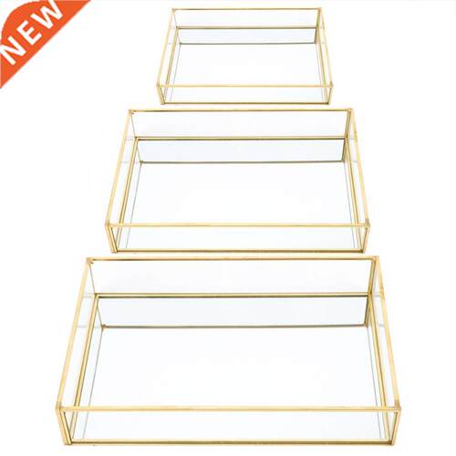 Nordic Retro Storage Box Tray Gold Rectangle Glass Makeup Or